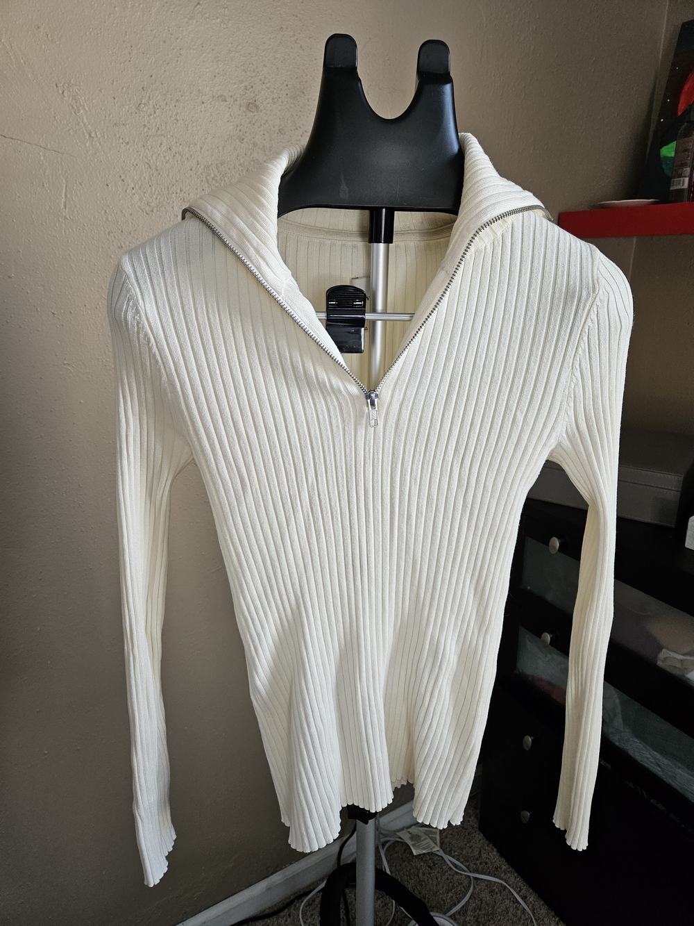 Maeve Cream Ribbed Zip-Front Women’s Sweater